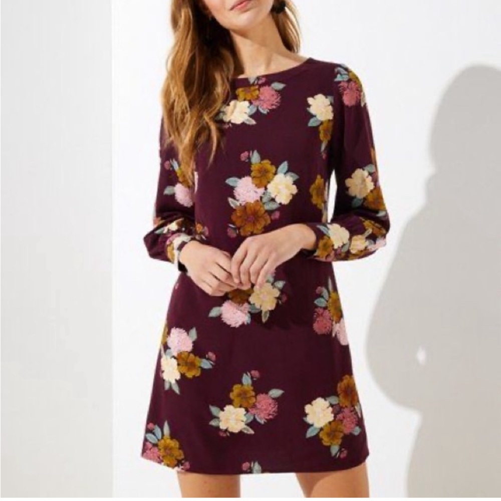 Loft Floral Cuffed Shift Dress - Plum Preserve